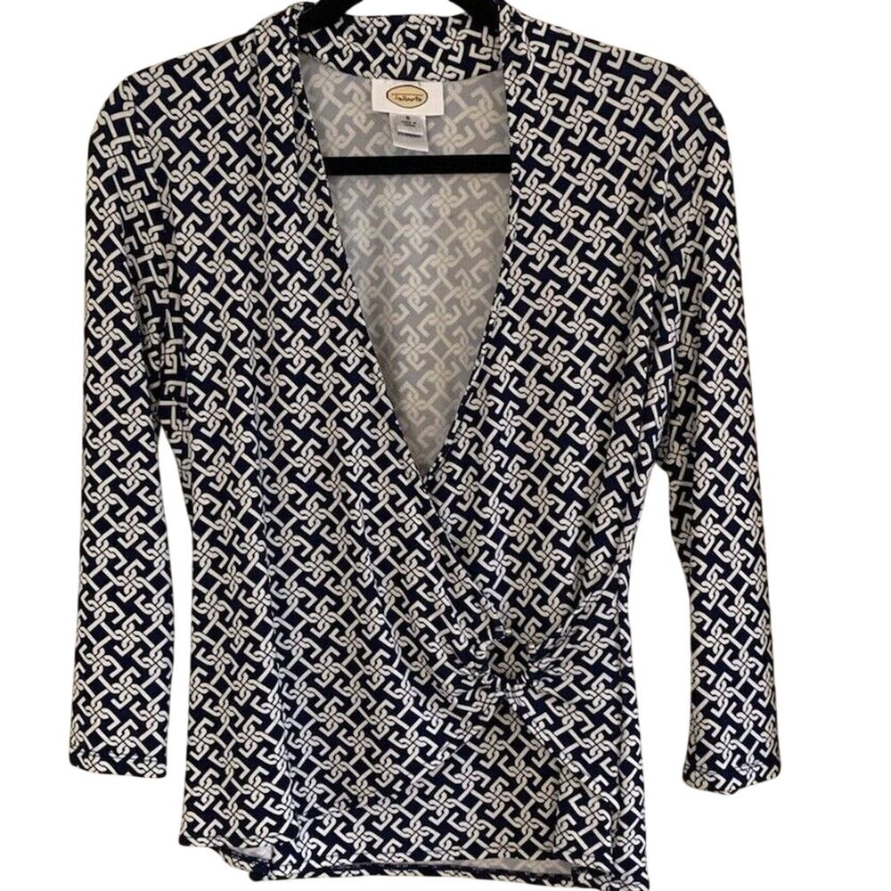 Talbots Faux Wrap 3/4 Sleeve Navy Chain Shirt Print Small Stretch Minimalist - Picture 2 of 12